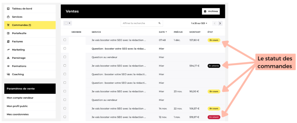 Consultez les statuts de commande