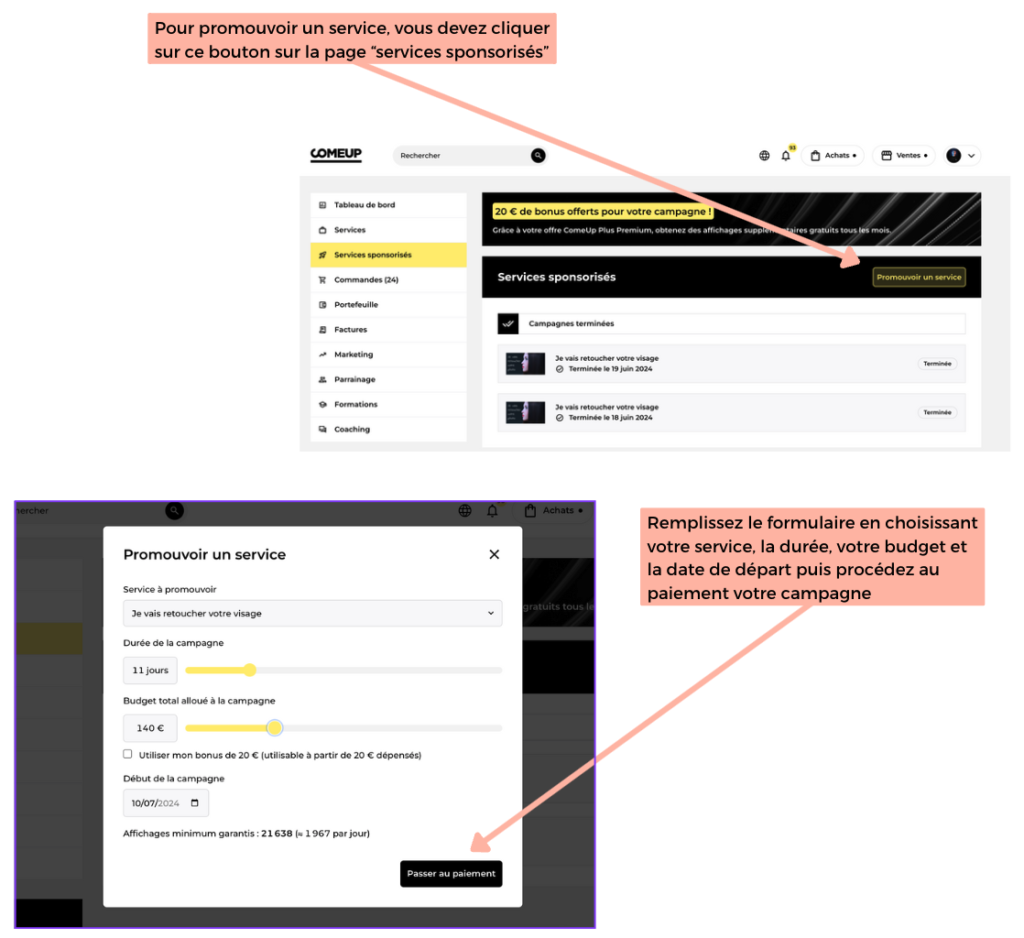 Comment fonctionnent les services sponsorisés sur ComeUp ?